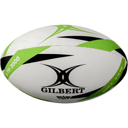 The Gilbert G-TR3000 Training Ball is a white trainer rugby ball with green and black curved patterns, durable rubber surface, and features the Gilbert brand name and logo.
