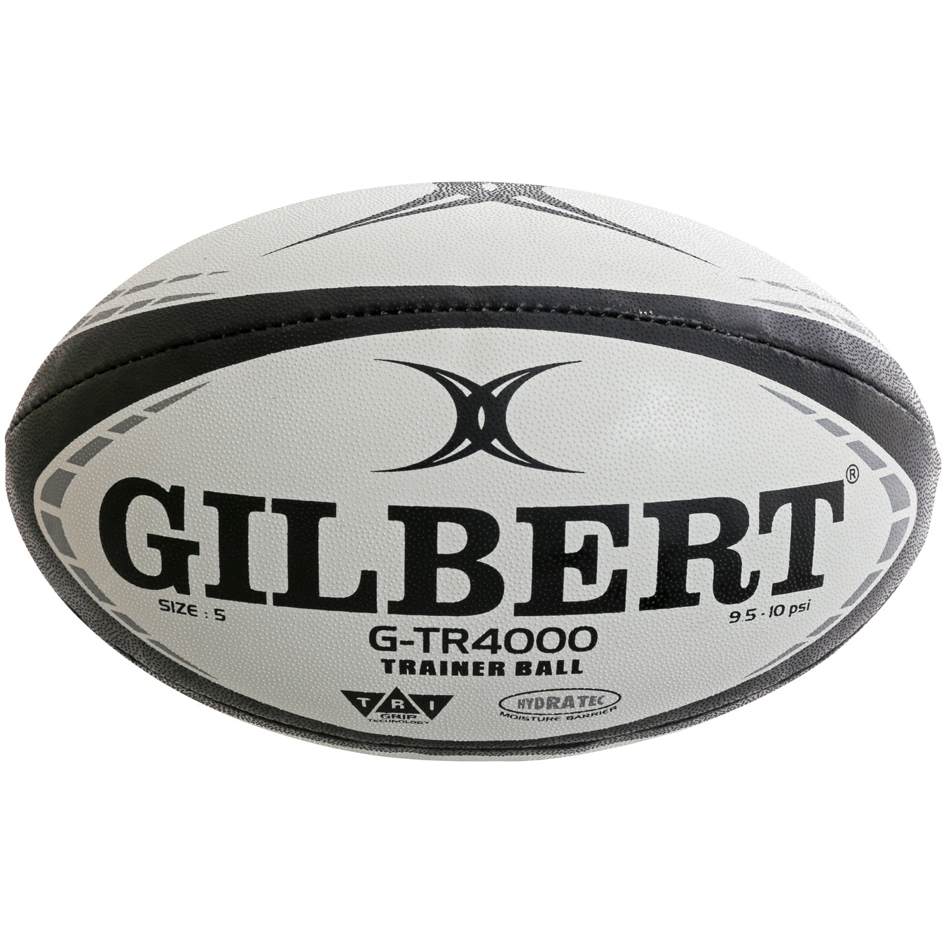 A black Gilbert G-TR4000 Rugby Ball featuring Tri Grip Technology, size 5, the brand name and G-TR4000 Trainer Ball label, with a recommended pressure of 9.5–10 psi.
