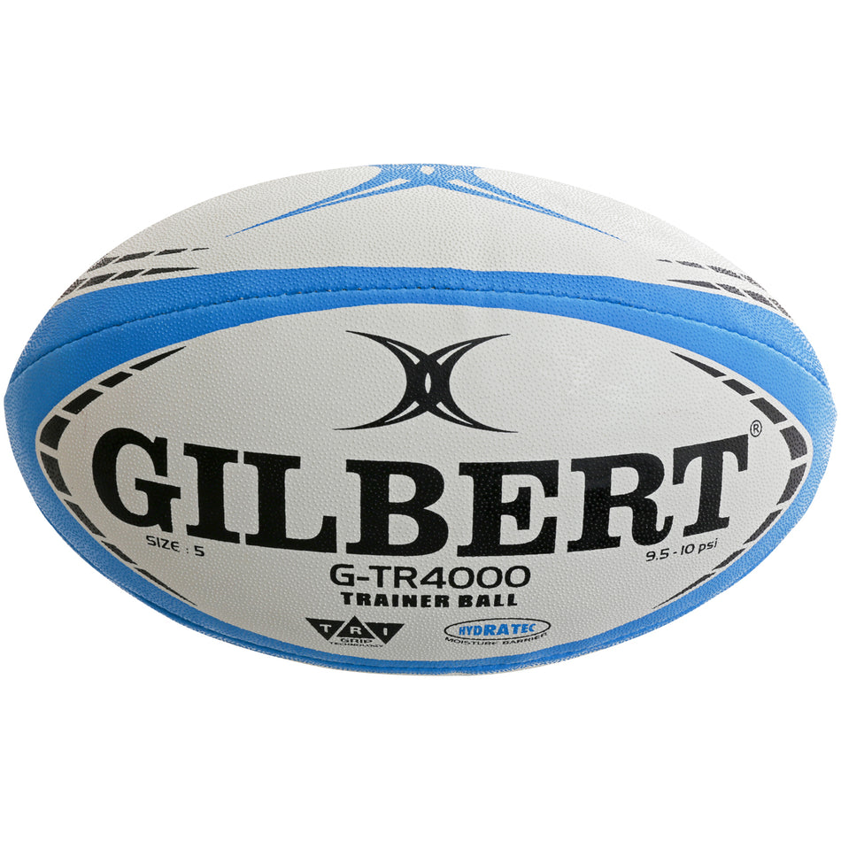 The Gilbert G-TR4000 Rugby Ball by Gilbert comes in Sky color, features Tri Grip Technology for better handling, displays the Gilbert logo with hydration and grip details, and is Size 5 (9.5-10 psi).