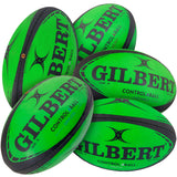 Five green and black Gilbert Control-A-Balls by Gilbert are grouped together, each clearly labeled. Ideal for rugby training, these balls are perfect for enhancing passing and catching skills.