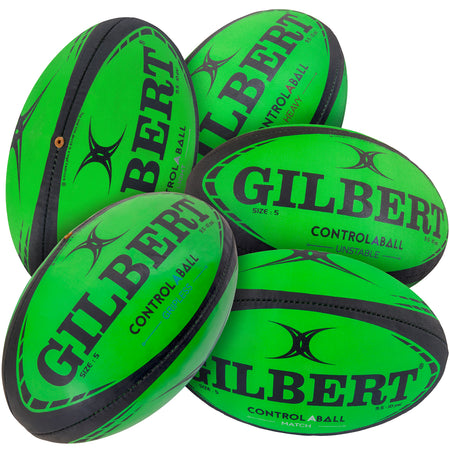 Five green and black Gilbert Control-A-Balls by Gilbert are grouped together, each clearly labeled. Ideal for rugby training, these balls are perfect for enhancing passing and catching skills.
