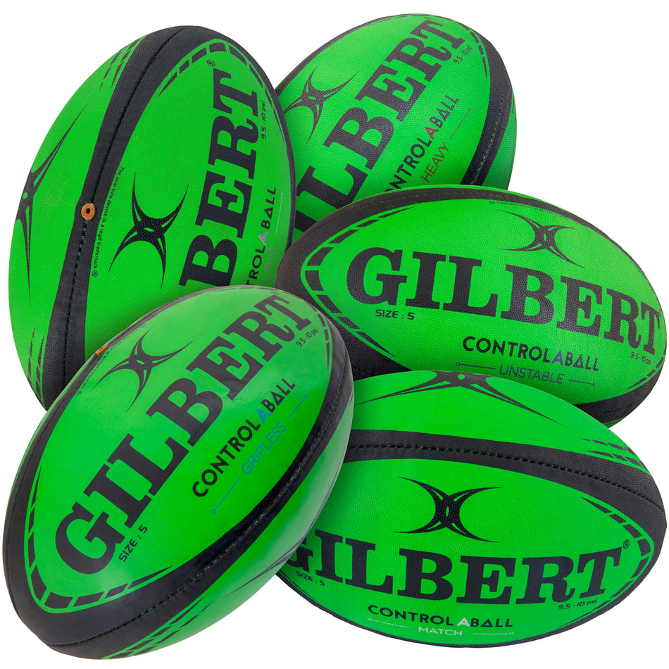 Five green and black Gilbert Control-A-Balls by Gilbert are grouped together, each clearly labeled. Ideal for rugby training, these balls are perfect for enhancing passing and catching skills.