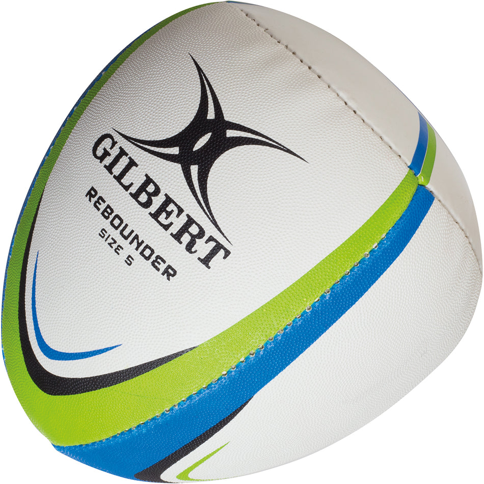 The Gilbert Rebounder Match Training Rugby Ball is a white rugby ball with green and blue stripes, black Gilbert logo, and "Gilbert Rebounder Size 5" text—ideal for improving hand-eye coordination.