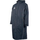 The Gilbert Touchline Sub Jacket by Gilbert is a black long coat featuring a white X and synthetic insulation for extra warmth.