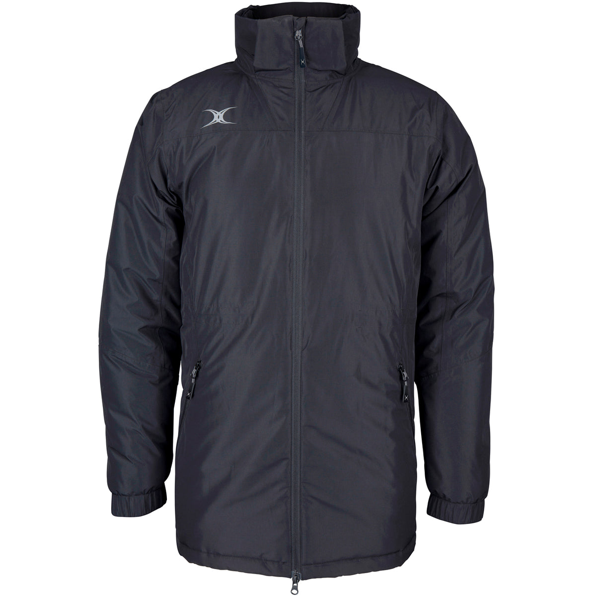 The Gilbert Pro All-Weather Jacket by Gilbert is a black jacket with a white logo.