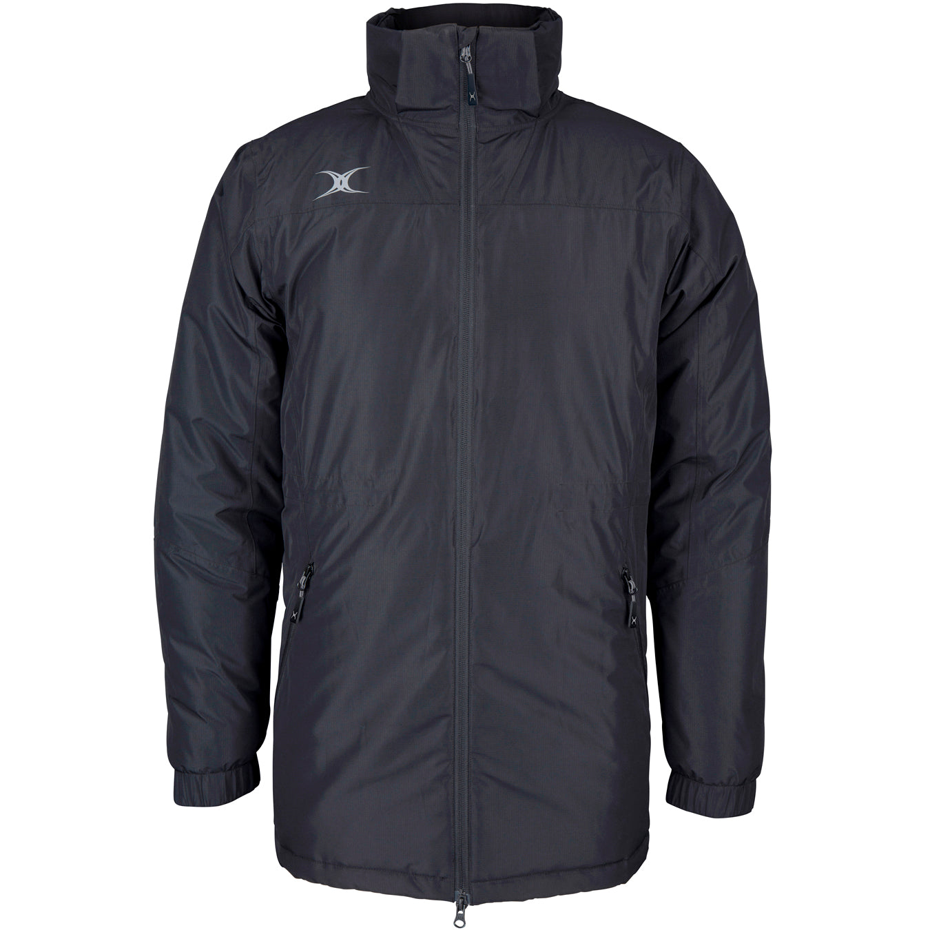 The Gilbert Pro All-Weather Jacket by Gilbert is a black jacket with a white logo.