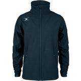 The Gilbert Pro Soft Shell Full Zip Jacket by Gilbert is a navy jacket with a high collar, two zippered side pockets, and a light-colored crescent moon logo on the left shoulder, made from breathable stretch fabric for comfort and flexibility.