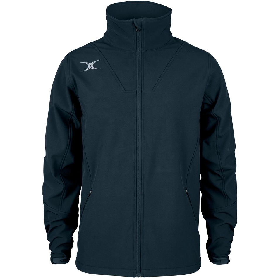 The Gilbert Pro Soft Shell Full Zip Jacket by Gilbert is a navy jacket with a high collar, two zippered side pockets, and a light-colored crescent moon logo on the left shoulder, made from breathable stretch fabric for comfort and flexibility.