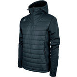 The Gilbert Pro Active Quarter Zip Jacket by Gilbert is a black, hooded, quilted jacket with a front zipper, zippered side pockets, and a small logo on the left shoulder. Made from breathable fabric and shown on a plain white background.