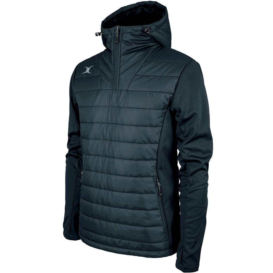 The Gilbert Pro Active Quarter Zip Jacket by Gilbert is a black, hooded, quilted jacket with a front zipper, zippered side pockets, and a small logo on the left shoulder. Made from breathable fabric and shown on a plain white background.