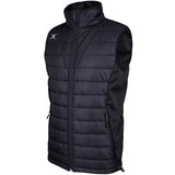 The Gilbert Pro Body Warmer by Gilbert is a black, sleeveless quilted vest featuring a high collar, front zip, two side zip pockets, breathable technical fabric, and a small white chest logo.