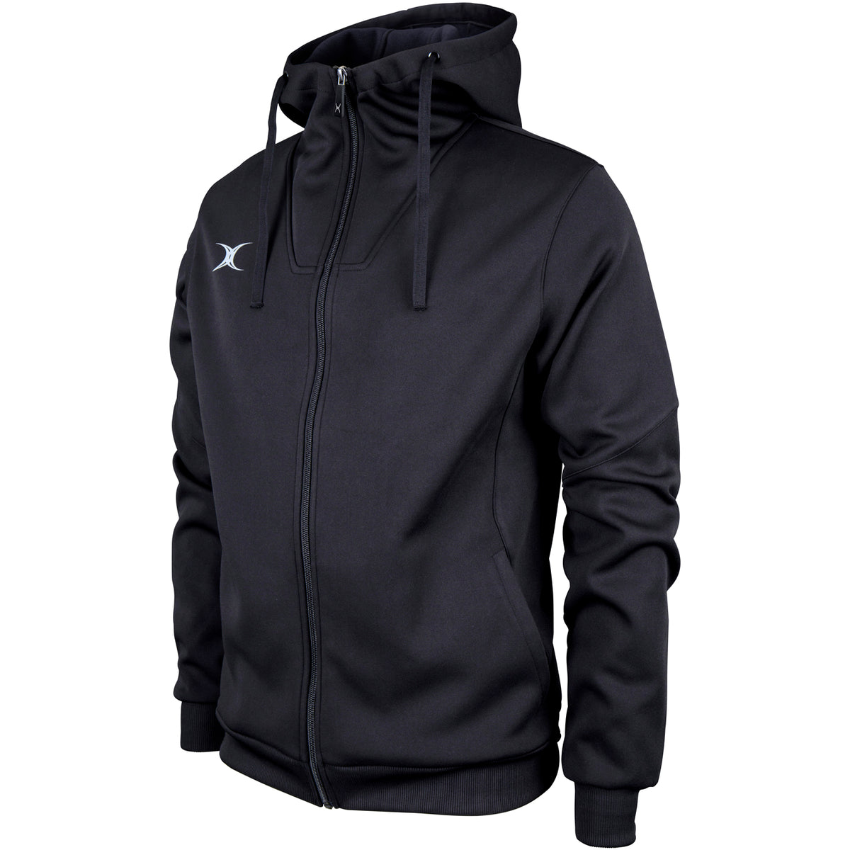 The Gilbert Pro Full Zip Hoody by Gilbert is black with a high collar, drawstring hood, and small white logo on the left chest. Made from active stretch, moisture-wicking fabric, it’s shown on a mannequin against a white background.