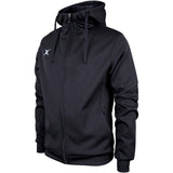 The Gilbert Pro Full Zip Hoody by Gilbert is black with a high collar, drawstring hood, and small white logo on the left chest. Made from active stretch, moisture-wicking fabric, it’s shown on a mannequin against a white background.