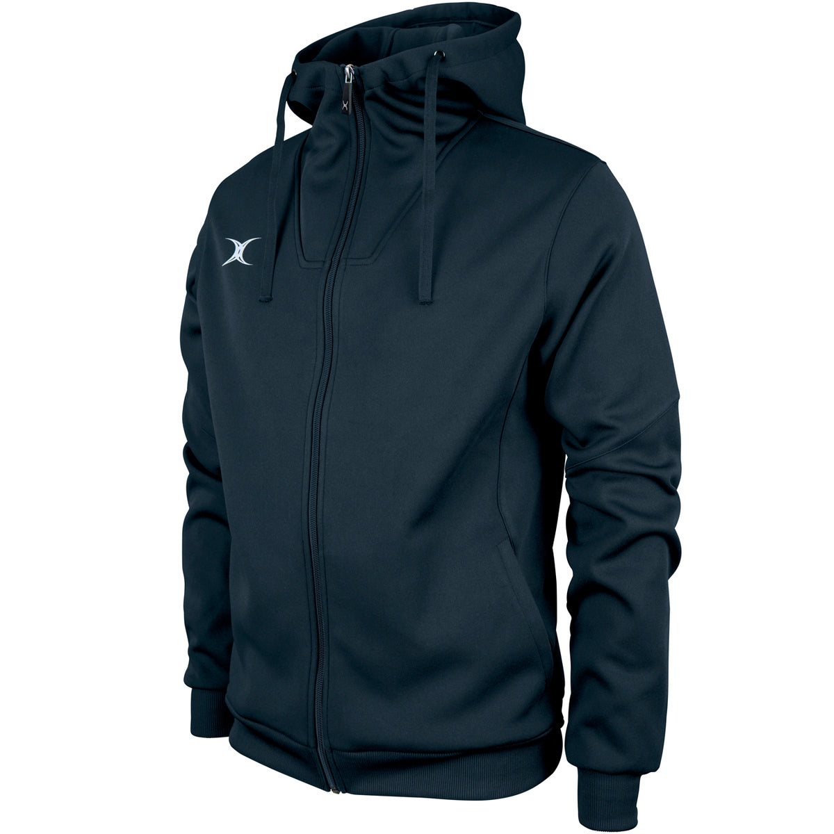 The Gilbert Pro Full Zip Hoody in black features a high collar, front pockets, drawstring hood, and a small white logo on the left chest. Made from active stretch, moisture-wicking fabric. Shown on a headless mannequin.