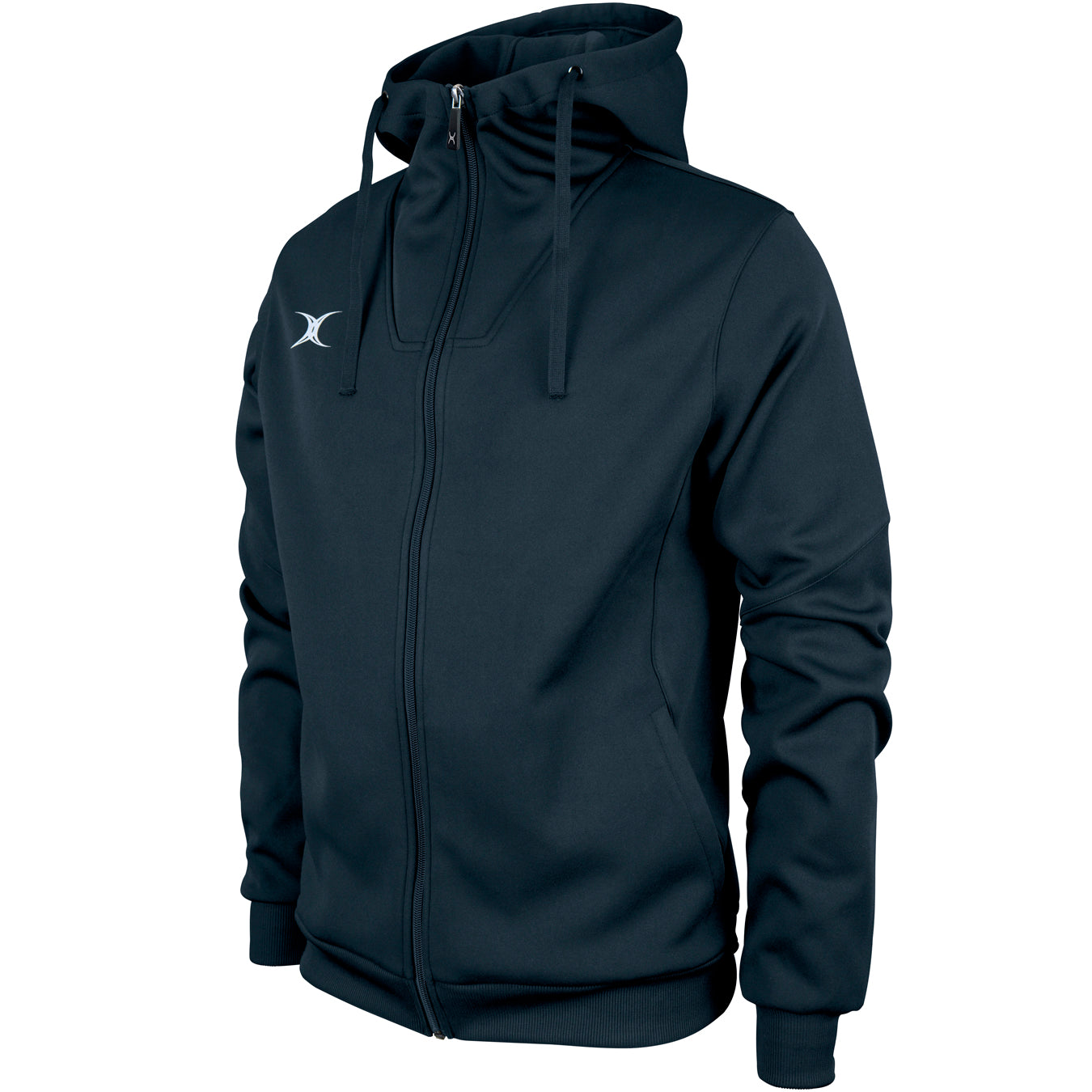 The Gilbert Pro Full Zip Hoody in black features a high collar, front pockets, drawstring hood, and a small white logo on the left chest. Made from active stretch, moisture-wicking fabric. Shown on a headless mannequin.