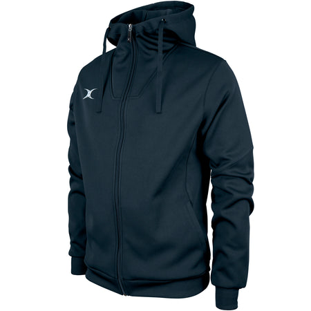 The Gilbert Pro Full Zip Hoody in black features a high collar, front pockets, drawstring hood, and a small white logo on the left chest. Made from active stretch, moisture-wicking fabric. Shown on a headless mannequin.