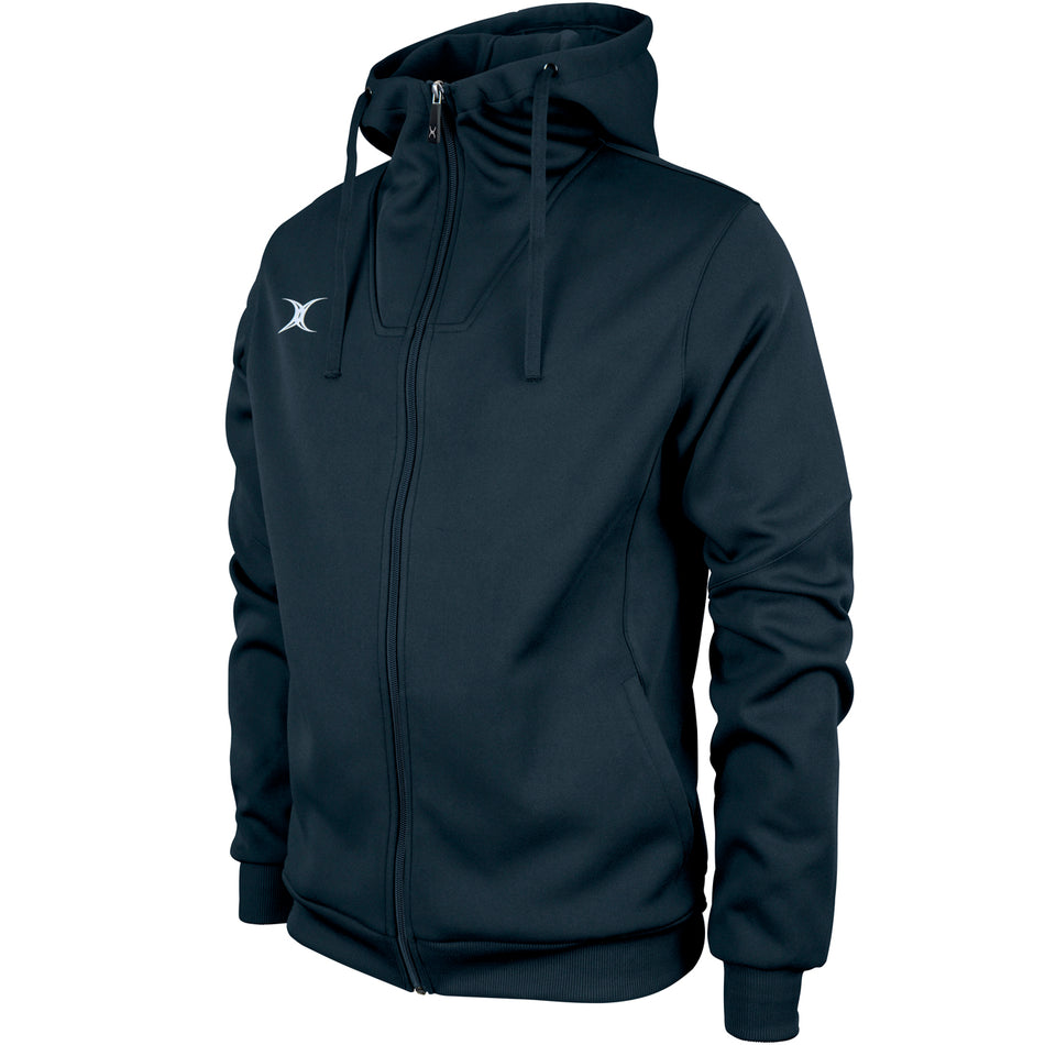 The Gilbert Pro Full Zip Hoody in black features a high collar, front pockets, drawstring hood, and a small white logo on the left chest. Made from active stretch, moisture-wicking fabric. Shown on a headless mannequin.