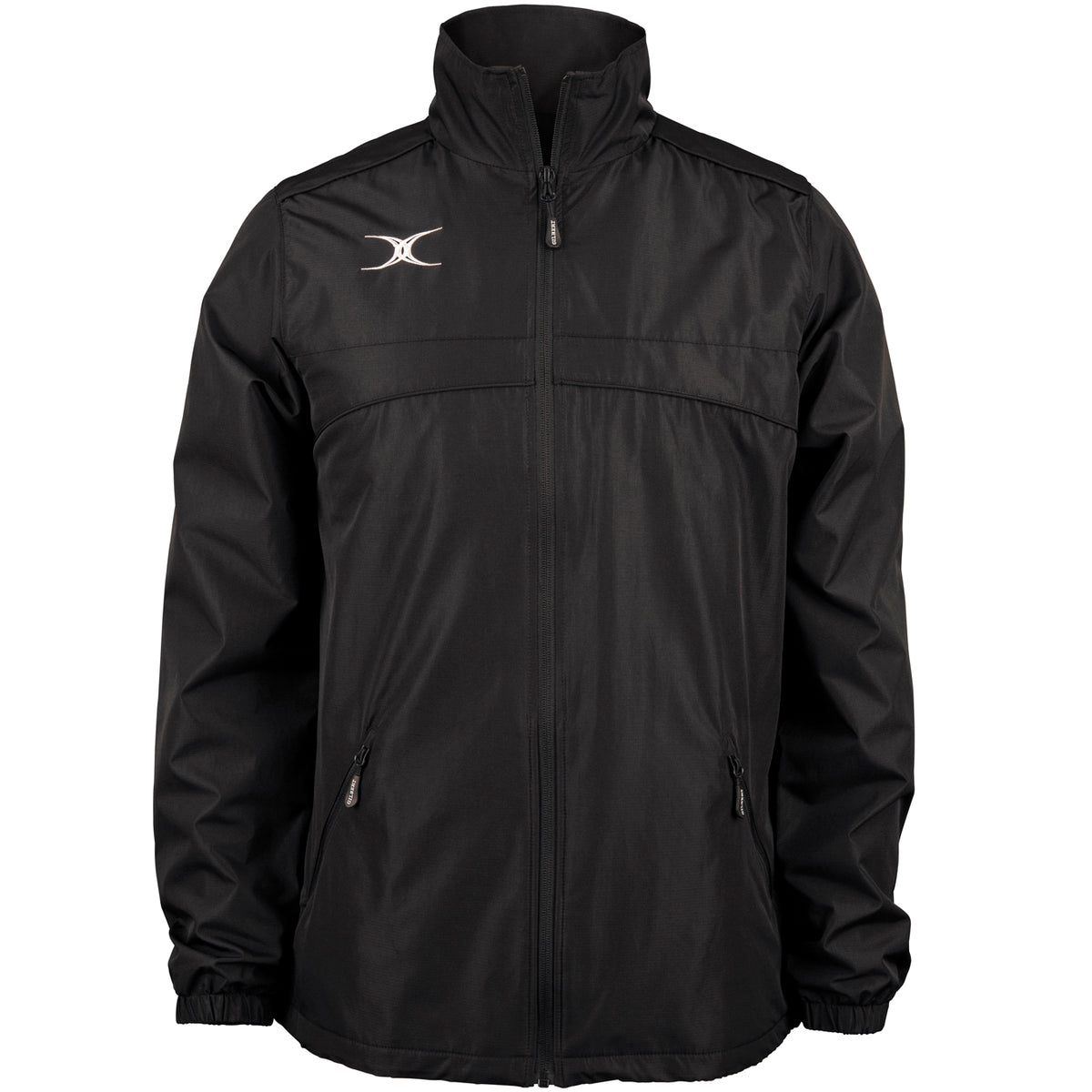 The Gilbert Photon Full Zip Jacket by Gilbert is a black, lightweight sports jacket with a high collar, elastic cuffs, and two front zippered pockets. A small white logo on the left chest and water-repellent fabric make it ideal for active wear in any weather.