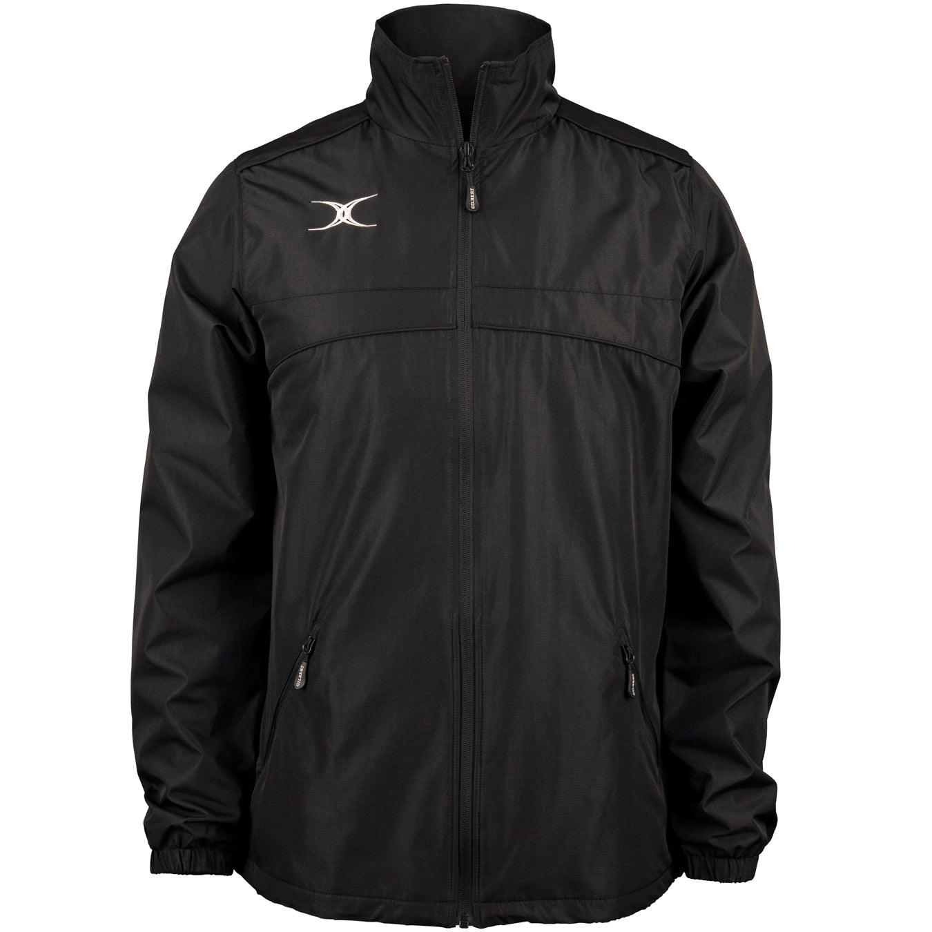 The Gilbert Photon Full Zip Jacket by Gilbert is a black, lightweight sports jacket with a high collar, elastic cuffs, and two front zippered pockets. A small white logo on the left chest and water-repellent fabric make it ideal for active wear in any weather.