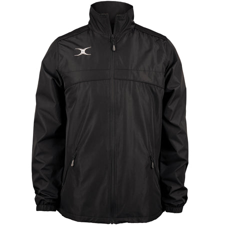 The Gilbert Photon Full Zip Jacket by Gilbert is a black, lightweight sports jacket with a high collar, elastic cuffs, and two front zippered pockets. A small white logo on the left chest and water-repellent fabric make it ideal for active wear in any weather.
