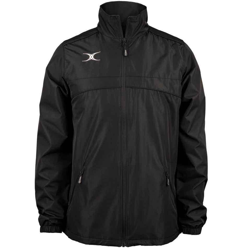 The Gilbert Photon Full Zip Jacket by Gilbert is a black, lightweight sports jacket with a high collar, elastic cuffs, and two front zippered pockets. A small white logo on the left chest and water-repellent fabric make it ideal for active wear in any weather.