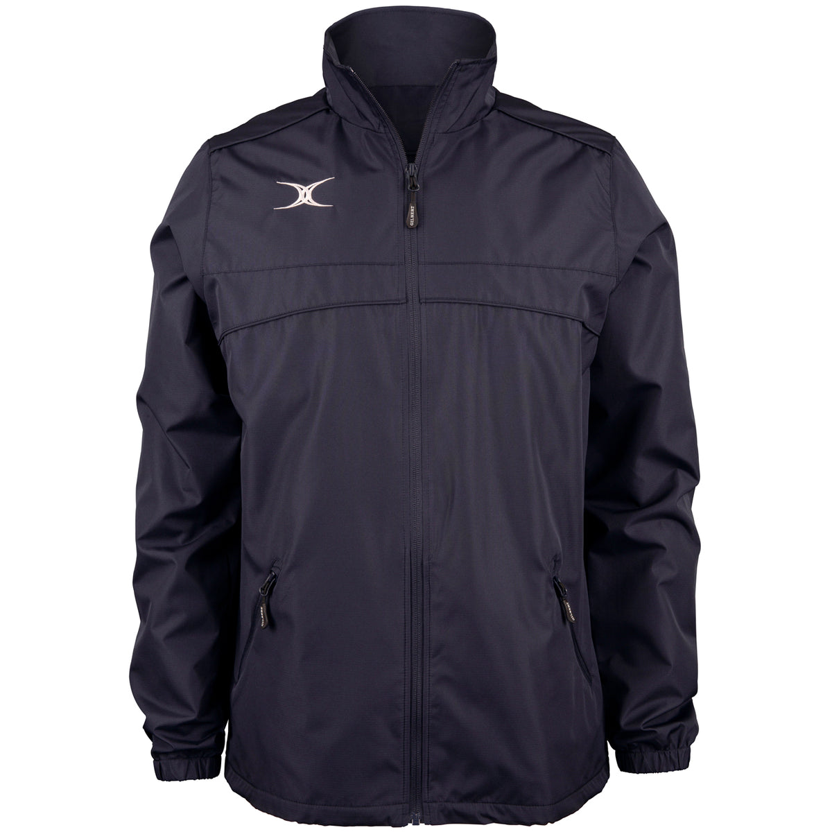 The Gilbert Photon Full Zip Jacket by Gilbert is a black, lightweight, water-repellent sports jacket featuring a high collar, long sleeves, two zippered side pockets, and a small white logo on the left chest—both practical and stylish.