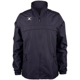 The Gilbert Photon Full Zip Jacket by Gilbert is a black, lightweight, water-repellent sports jacket featuring a high collar, long sleeves, two zippered side pockets, and a small white logo on the left chest—both practical and stylish.
