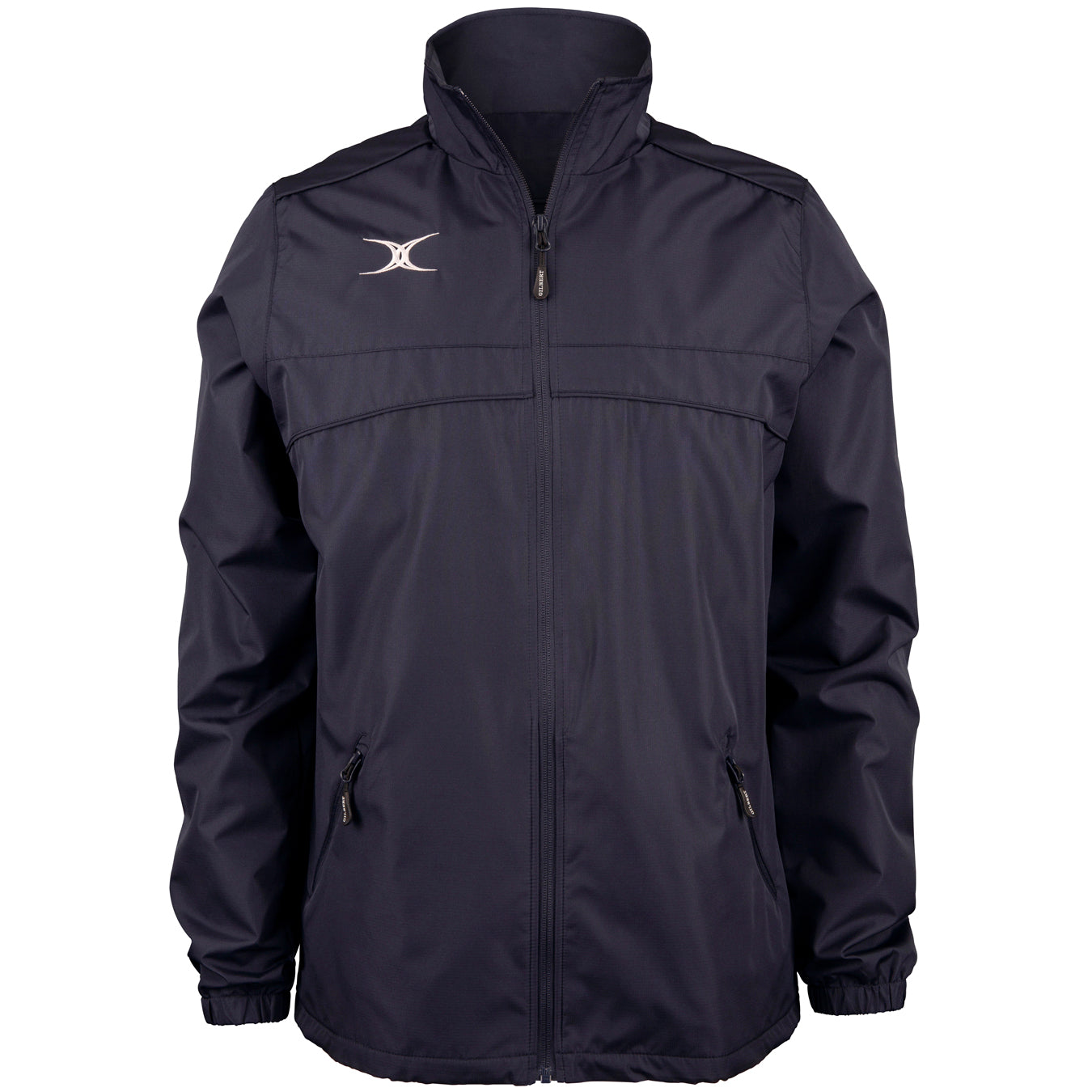The Gilbert Photon Full Zip Jacket by Gilbert is a black, lightweight, water-repellent sports jacket featuring a high collar, long sleeves, two zippered side pockets, and a small white logo on the left chest—both practical and stylish.