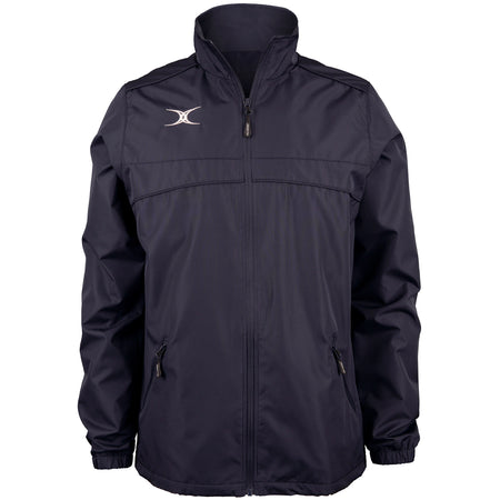 The Gilbert Photon Full Zip Jacket by Gilbert is a black, lightweight, water-repellent sports jacket featuring a high collar, long sleeves, two zippered side pockets, and a small white logo on the left chest—both practical and stylish.