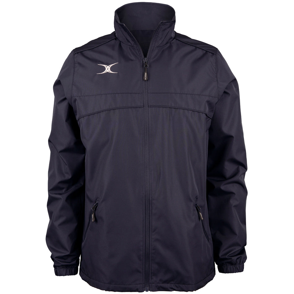 The Gilbert Photon Full Zip Jacket by Gilbert is a black, lightweight, water-repellent sports jacket featuring a high collar, long sleeves, two zippered side pockets, and a small white logo on the left chest—both practical and stylish.