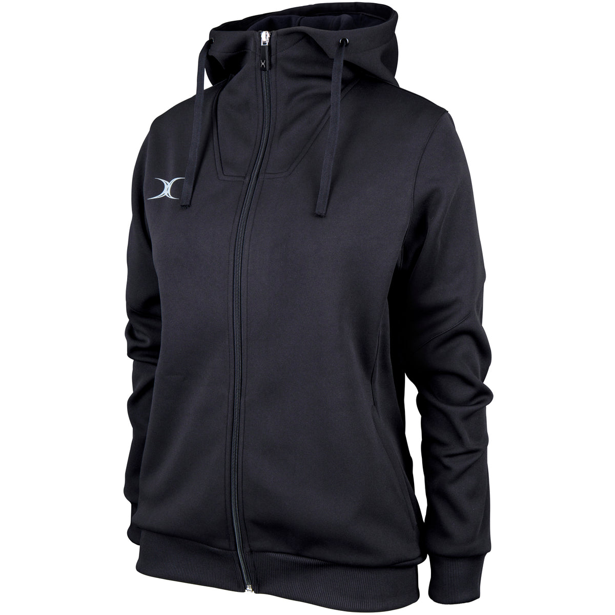 The Gilbert Pro Full Zip Womens Hoody by Gilbert comes in black with a high collar, attached hood with drawstrings, long sleeves, and a small white chest logo. Made from moisture-wicking fabric and shown on a plain white background.