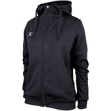 The Gilbert Pro Full Zip Womens Hoody by Gilbert comes in black with a high collar, attached hood with drawstrings, long sleeves, and a small white chest logo. Made from moisture-wicking fabric and shown on a plain white background.