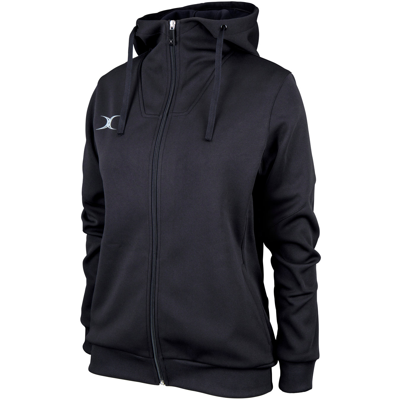 The Gilbert Pro Full Zip Womens Hoody by Gilbert comes in black with a high collar, attached hood with drawstrings, long sleeves, and a small white chest logo. Made from moisture-wicking fabric and shown on a plain white background.