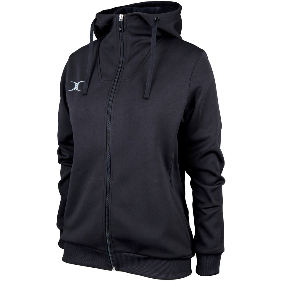 The Gilbert Pro Full Zip Womens Hoody by Gilbert comes in black with a high collar, attached hood with drawstrings, long sleeves, and a small white chest logo. Made from moisture-wicking fabric and shown on a plain white background.