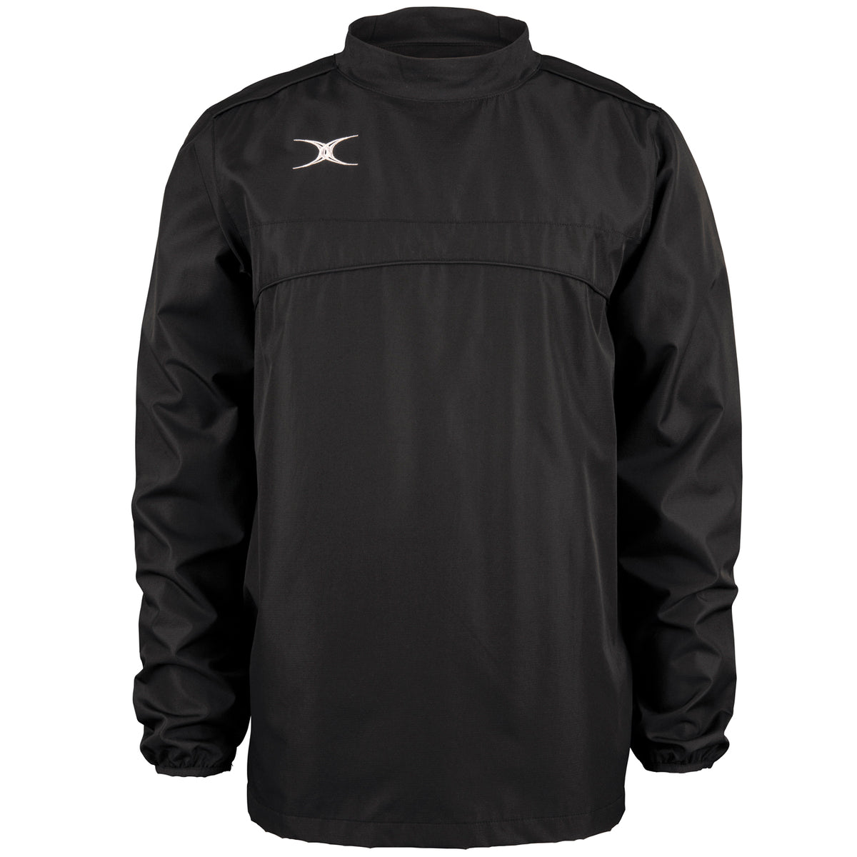 The Gilbert Photon Warm Up Top is a black, lightweight training top with a high collar, elastic cuffs, and a small white logo on the upper left chest. It offers a loose fit and comfort during warm-ups.