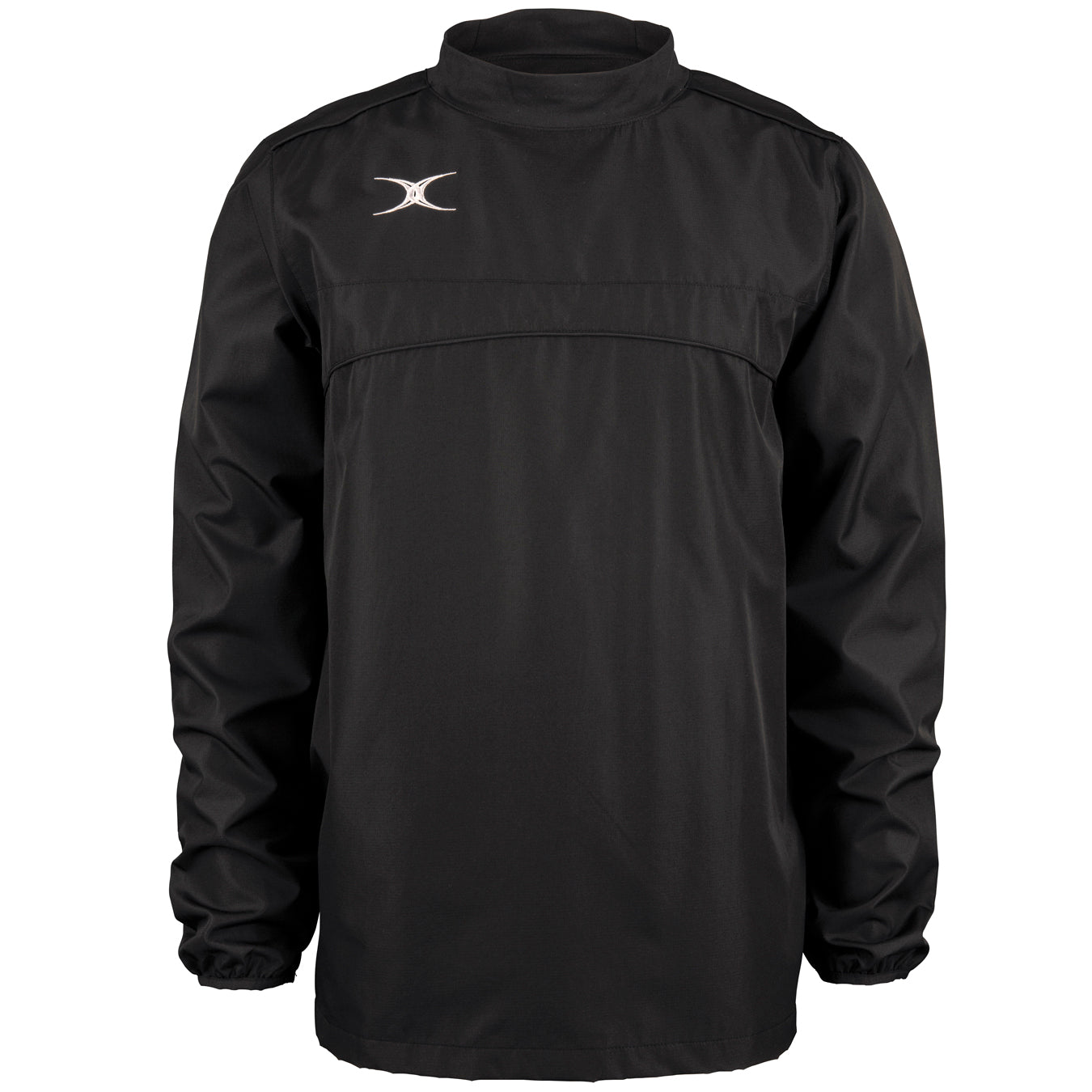 The Gilbert Photon Warm Up Top is a black, lightweight training top with a high collar, elastic cuffs, and a small white logo on the upper left chest. It offers a loose fit and comfort during warm-ups.