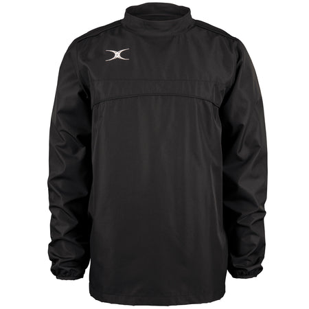 The Gilbert Photon Warm Up Top is a black, lightweight training top with a high collar, elastic cuffs, and a small white logo on the upper left chest. It offers a loose fit and comfort during warm-ups.