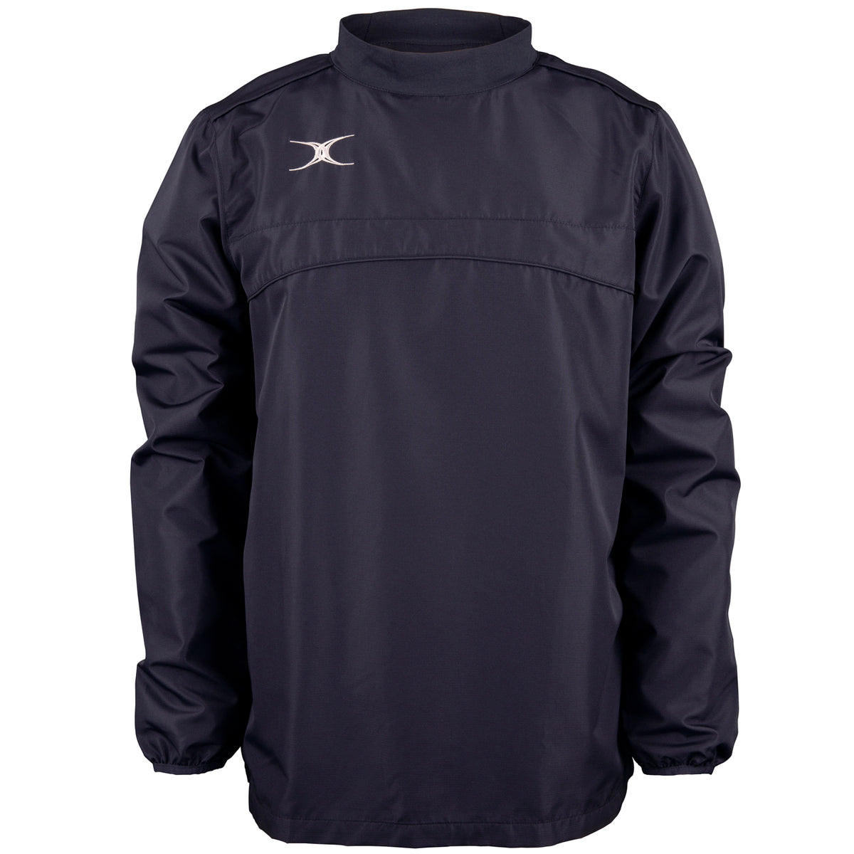 The Gilbert Photon Warm Up Top is a dark navy, long-sleeve sports top with a high collar, elastic cuffs, and a small white logo on the left chest. It’s water repellent and crafted from lightweight, durable material for training comfort.