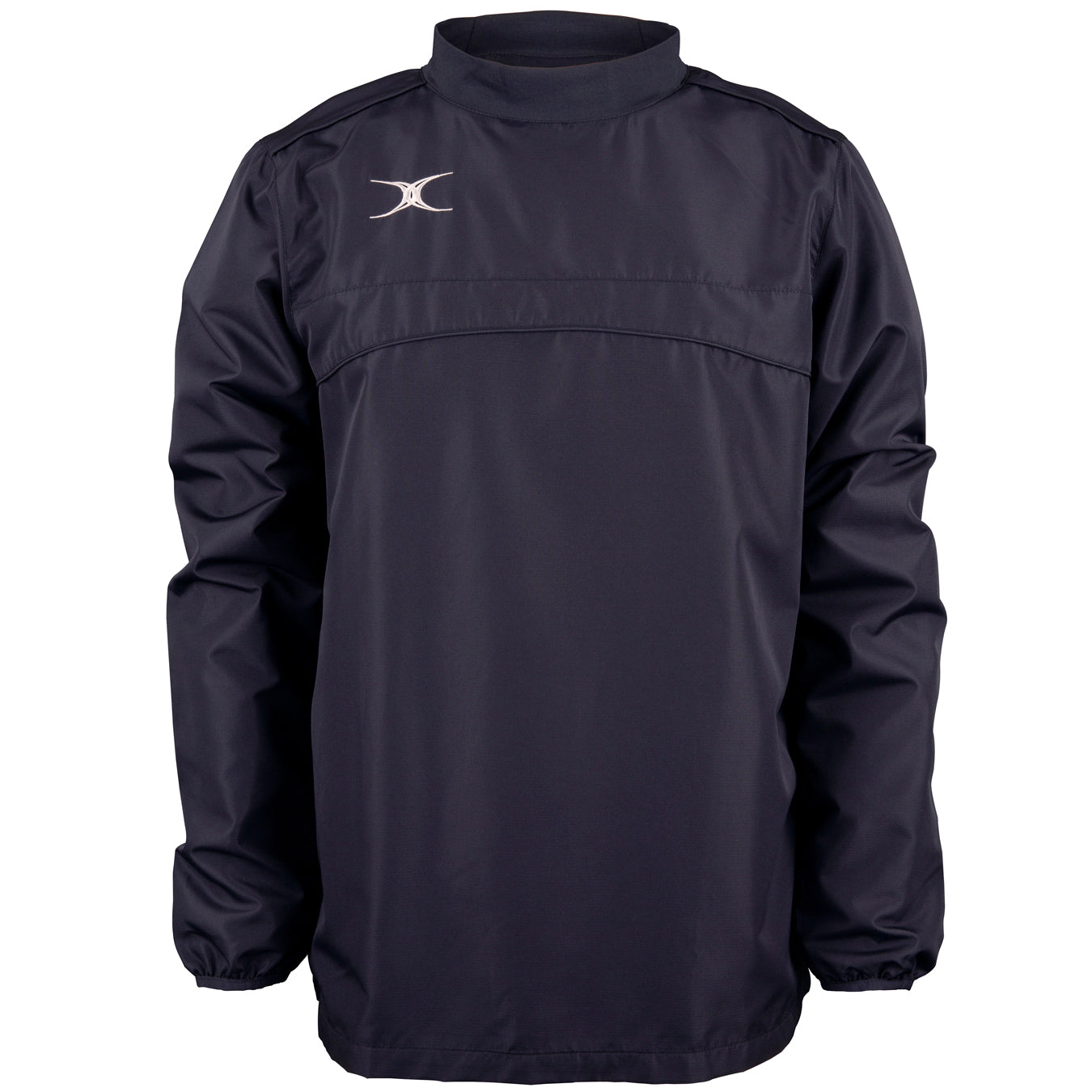The Gilbert Photon Warm Up Top is a dark navy, long-sleeve sports top with a high collar, elastic cuffs, and a small white logo on the left chest. It’s water repellent and crafted from lightweight, durable material for training comfort.