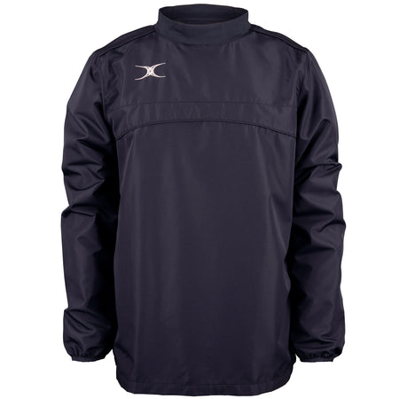 The Gilbert Photon Warm Up Top is a dark navy, long-sleeve sports top with a high collar, elastic cuffs, and a small white logo on the left chest. It’s water repellent and crafted from lightweight, durable material for training comfort.