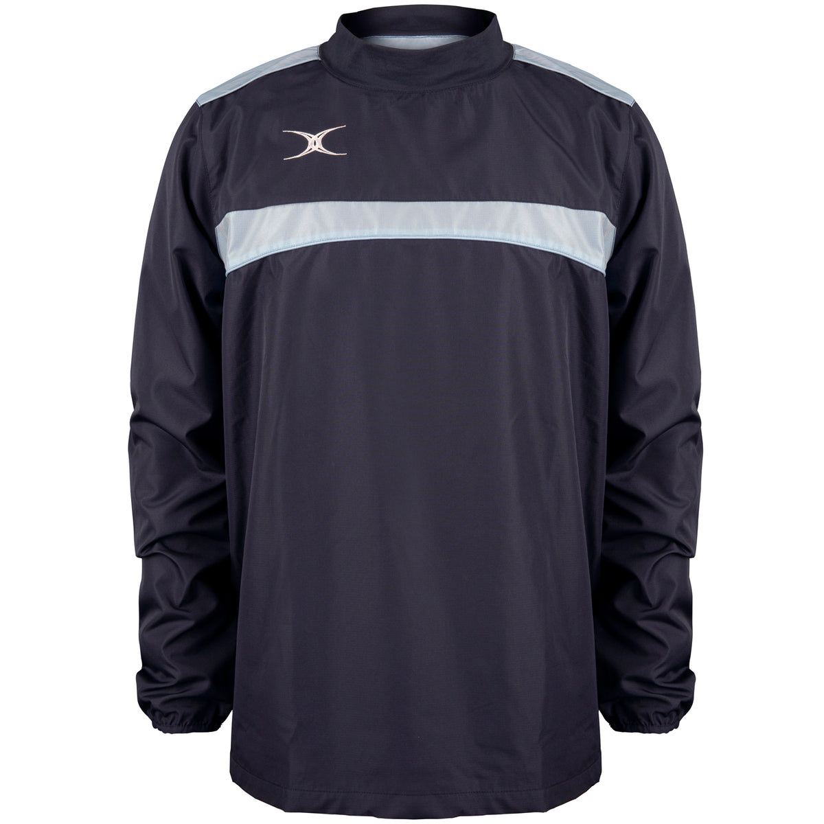 The Gilbert Photon Warm Up Top by Gilbert is a lightweight, long-sleeved training top in Dark Navy/Sky Blue with a light stripe across the chest and shoulders, elastic cuffs, high collar, and a small white logo on the upper left chest.