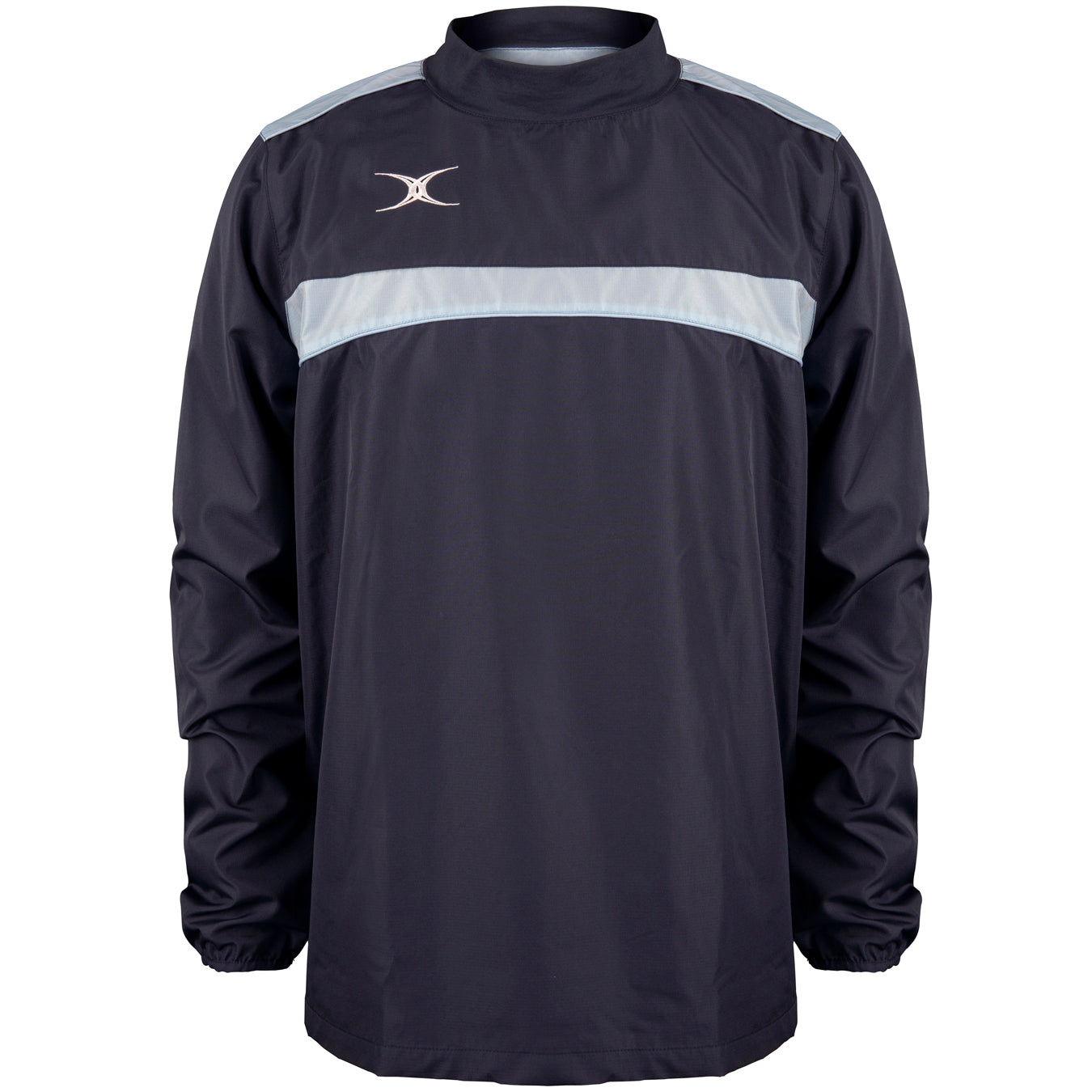 The Gilbert Photon Warm Up Top by Gilbert is a lightweight, long-sleeved training top in Dark Navy/Sky Blue with a light stripe across the chest and shoulders, elastic cuffs, high collar, and a small white logo on the upper left chest.