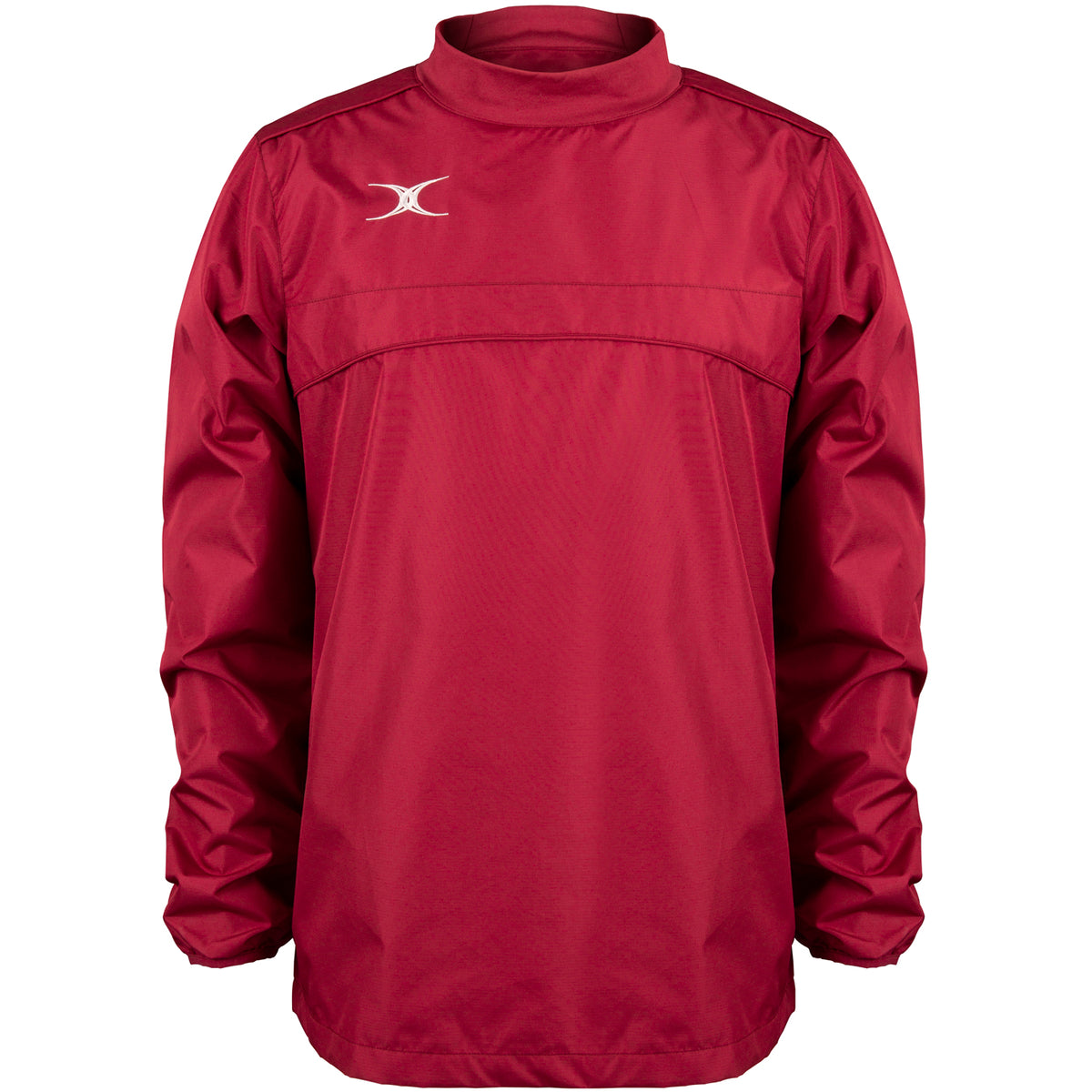 The Gilbert Photon Warm Up Top is a maroon, long-sleeved training top with a high collar, small white Gilbert logo on the upper left chest, smooth fabric, gathered cuffs, and a loose fit.
