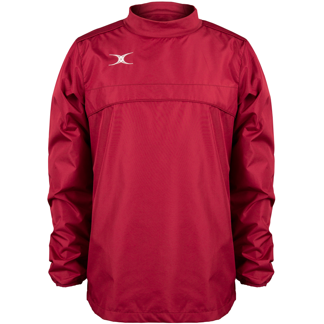 The Gilbert Photon Warm Up Top is a maroon, long-sleeved training top with a high collar, small white Gilbert logo on the upper left chest, smooth fabric, gathered cuffs, and a loose fit.