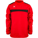 The Gilbert Photon Warm Up Top is a lightweight red and black training top with long sleeves, a high collar, black chest and shoulder stripe, and a white Gilbert logo on the right side for stylish athletic performance.