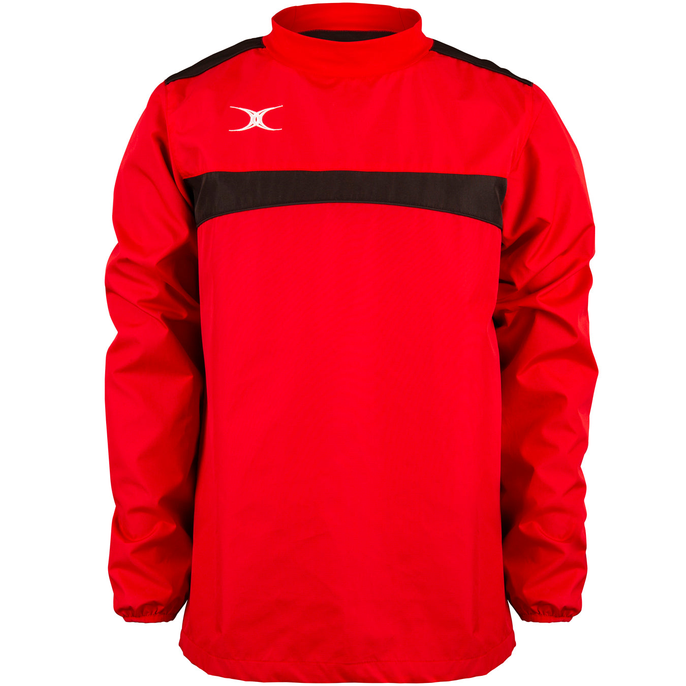 The Gilbert Photon Warm Up Top is a lightweight red and black training top with long sleeves, a high collar, black chest and shoulder stripe, and a white Gilbert logo on the right side for stylish athletic performance.