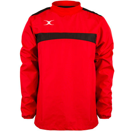 The Gilbert Photon Warm Up Top is a lightweight red and black training top with long sleeves, a high collar, black chest and shoulder stripe, and a white Gilbert logo on the right side for stylish athletic performance.