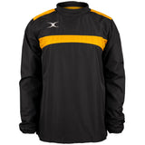 The Gilbert Photon Warm Up Top features a Black/Gold design with a yellow stripe across the chest and shoulders, elastic cuffs, and a white logo on the upper left side—ideal for your next training session.