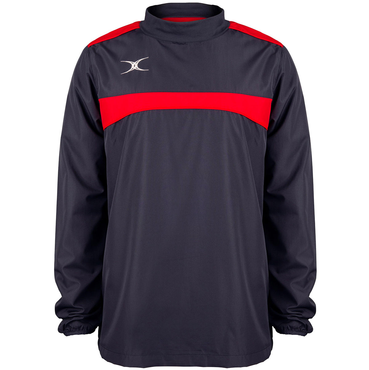 The Gilbert Photon Warm Up Top in Dark Navy/Red is a lightweight training top with a bold red chest stripe, small white shoulder logo, high collar, and elasticated cuffs—ideal for comfort during every workout.