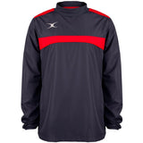 The Gilbert Photon Warm Up Top in Dark Navy/Red is a lightweight training top with a bold red chest stripe, small white shoulder logo, high collar, and elasticated cuffs—ideal for comfort during every workout.